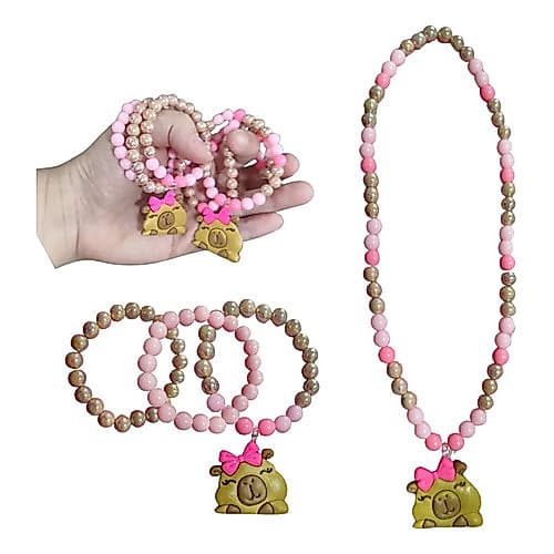 Kit Colar E Pulseira De Miçanga Pingente Capivara Laço Colorido