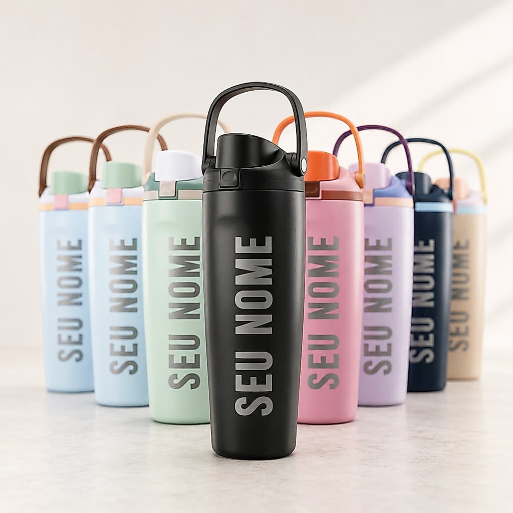 Copo Garrafa Térmico Inox Alça C/ Canudo Personalizado 900ml Seu Nome Logo Viagem Carro Presente