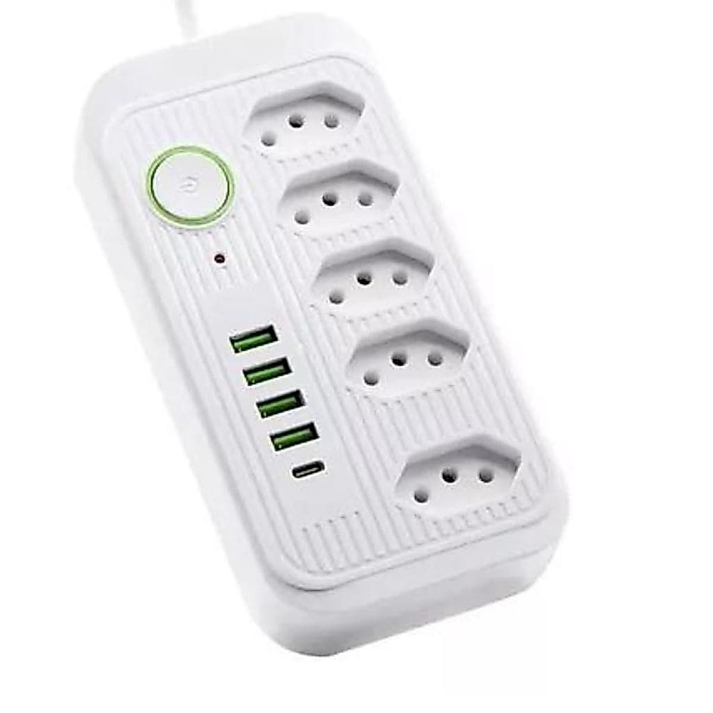 Filtro De Linha Clamper Extensão Cabo Extensor 2 Metros Com 5 Tomadas + 4 USB E 1 USB- Tipo C Tensão Bivolt 110/220 Com