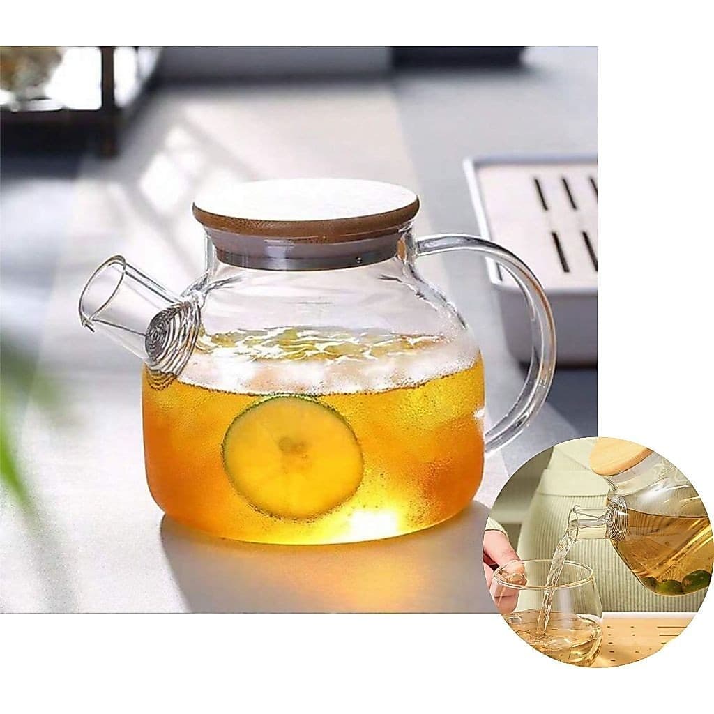 Chaleira de Vidro com Tampa Bambu Premium Borossilicato 1L Bule Café Chá