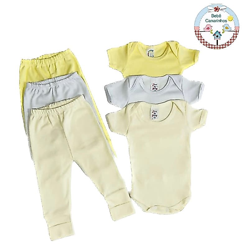 KIT 6 PEÇAS! BODYS MANGA CURTA E MIJŌES de Bebê Suedine 100% algodão. Calça com Pé Reversível e Bodys Manga Curta