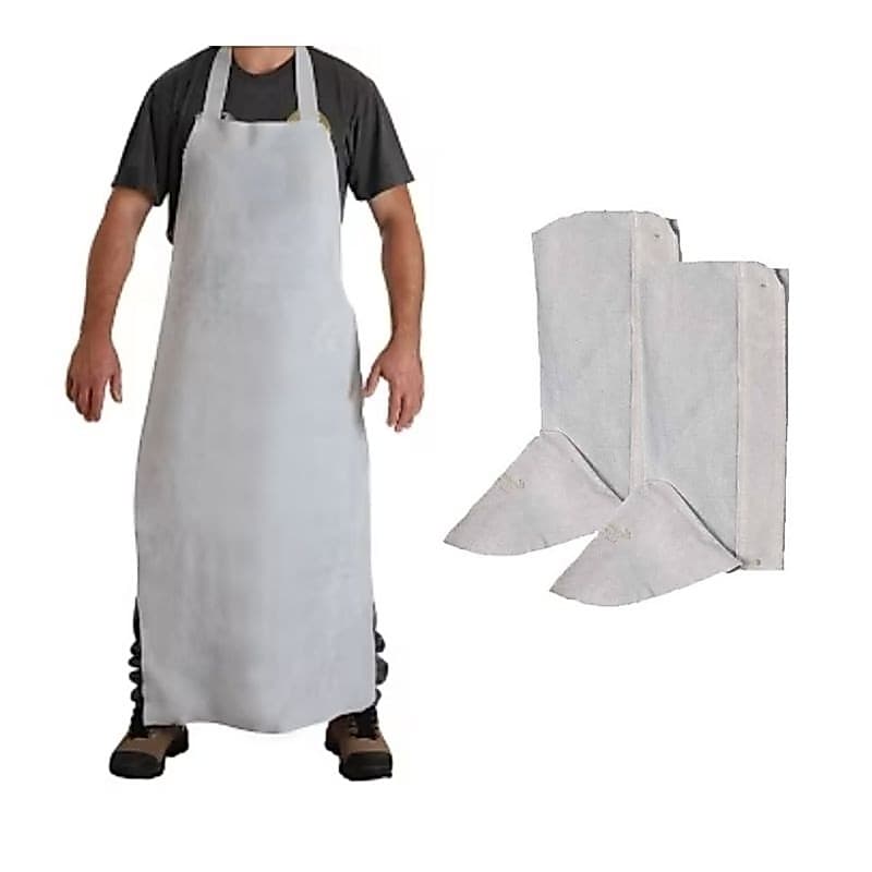 Kit avental de raspa de couro longo 120x60 cm e perneira com velcro, jardineiro, roçador