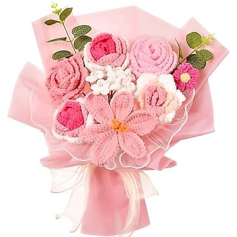 Buquê De Flores De Crochê , Flor De Malha De Tulipa Rosa Para O Dia Das Mães , Dos Namorados , Aniversário , Casamento D