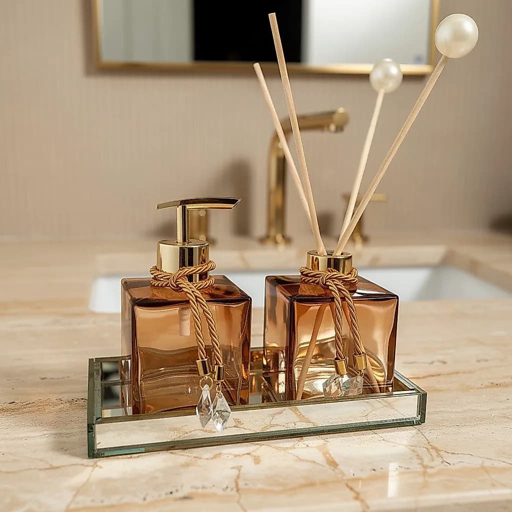 Kit Lavabo Luxo Vidro Degrede Saboneteira Difusor Vareta Bandeja Espelhada Presente Banheiro Lessenze