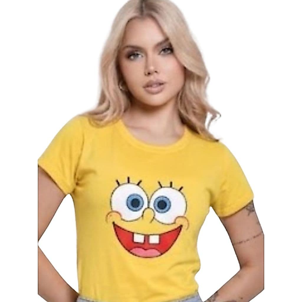 Camiseta Feminina Bob Esponja Blusa Baby Look Personagens/ Casual