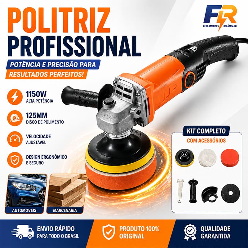 Politriz Automotiva Multifuncional 1150W 125mm 6 Velocidades Kit Acessórios Polimento e Lixamento