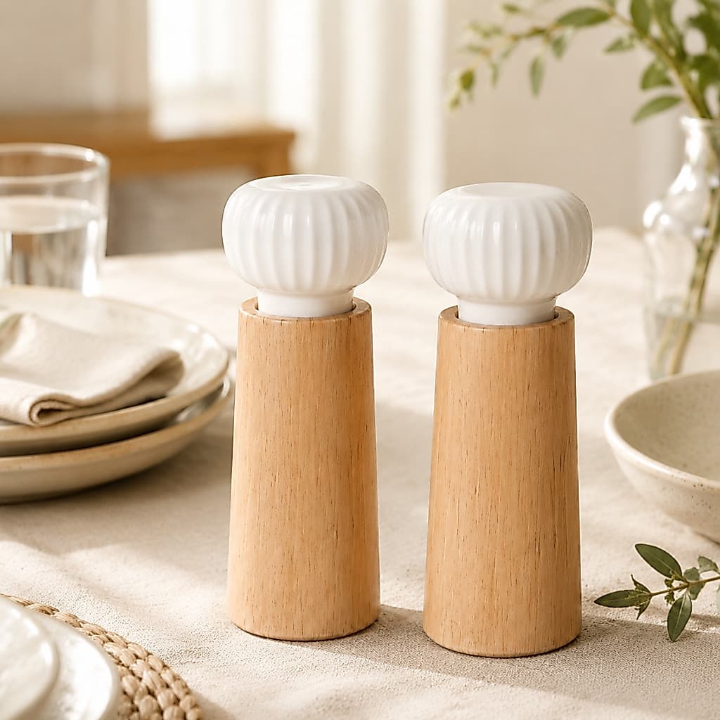 Kit 2 Moedores de Sal e Pimenta Branco Madeira Cerâmica Profissional 15cm