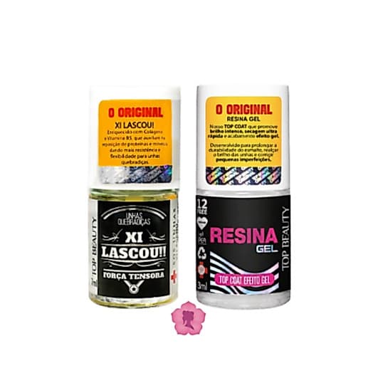 Kit Com 2 Bases Top Coat Efeito Gel Resina + Xi Lascou Força Tensora 12 Free Sos Unhas Top Beauty