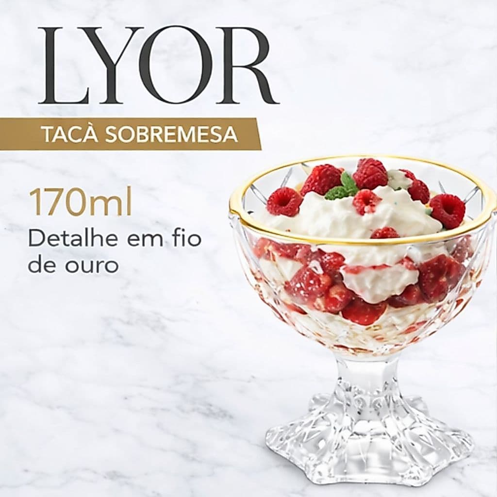 Conjunto Jogo Taças de Sobremesa em Vidro Fio de Ouro 170 ML Taça Borda Dourada para Sorvete 06 unidades
