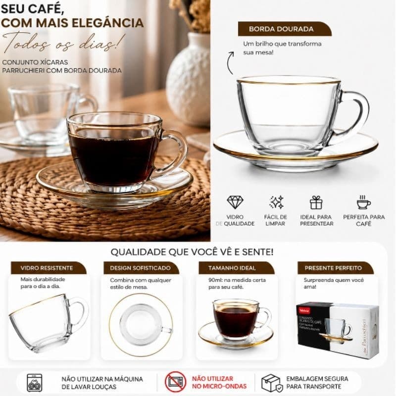 jogo de xicaras 8 peças ,collection Parruchieri com borda dourada 90 ml- 4 xicaras e 4 pires em vidro - xicara café