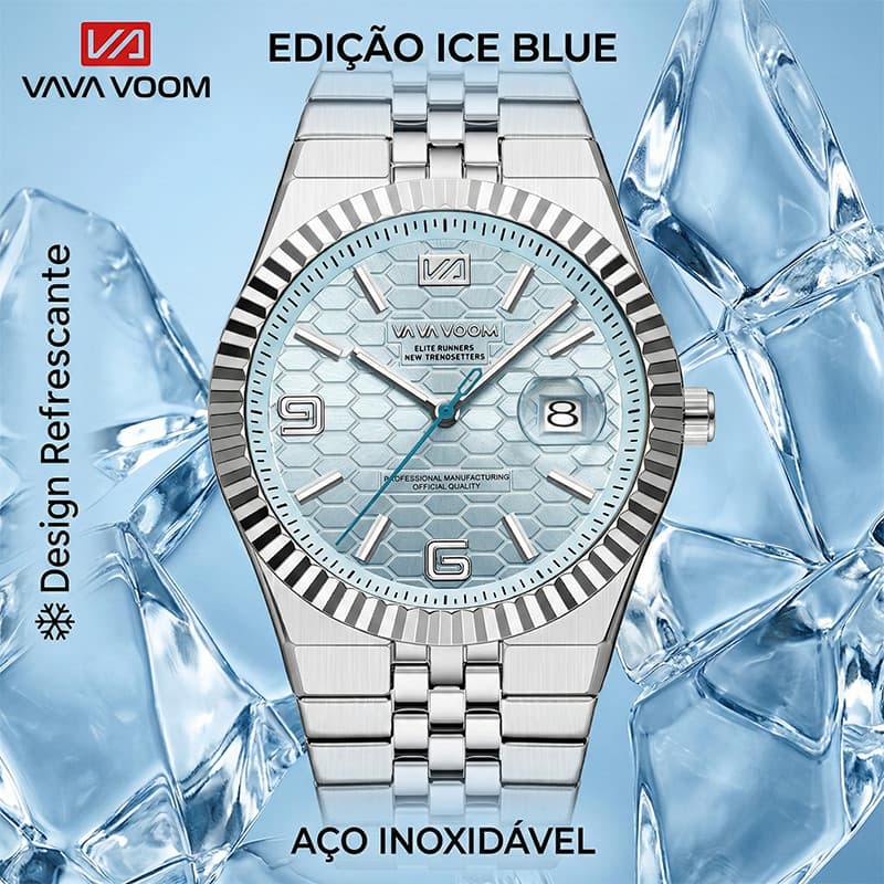Relógio Masculino VAVA VOOM 2981 Aço Inox Original “Ice Blue” Favo de Mel 3D Luxo