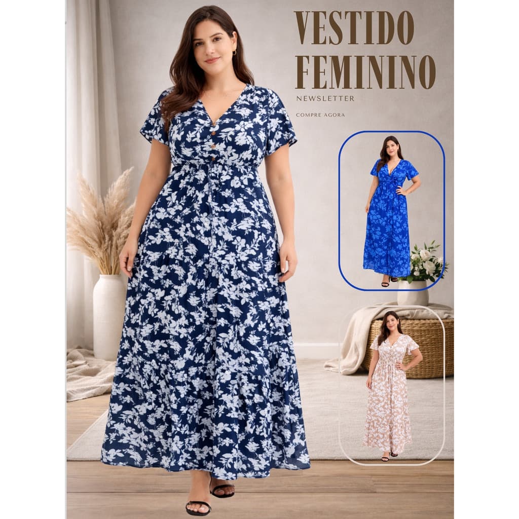 Vestido Longo Floral Feminino Cinturado Comportado Ideal Dia a Dia