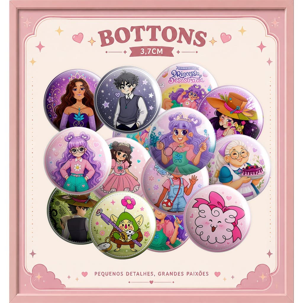 Bottons 3,7cm Broches Button Lembrancinhas Festa de Aniversário Princesa Desastrada