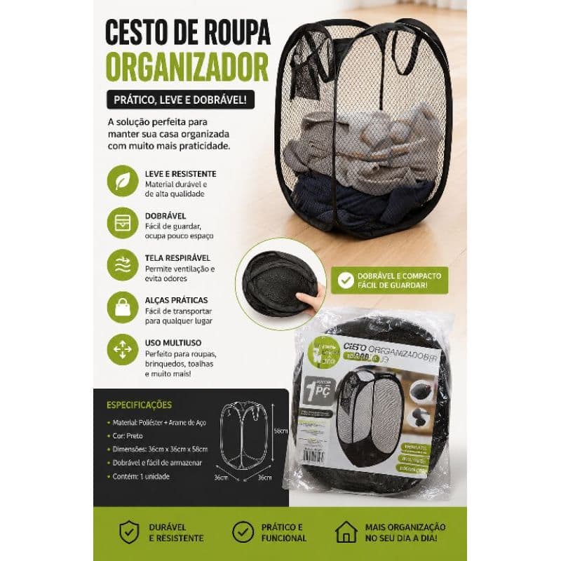 Cesto Organizador Dobrável para Roupas 58cm em Tela Respirável Preto Multiuso