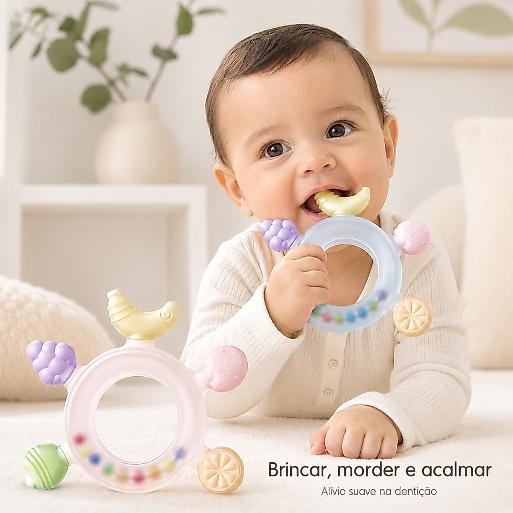 Mordedor E Chocalho 2 Em 1 Bebê 0-12 Meses | Anel De Dentição Silicone Frutas Multitextura | Livre De BPA Qualidade Alim