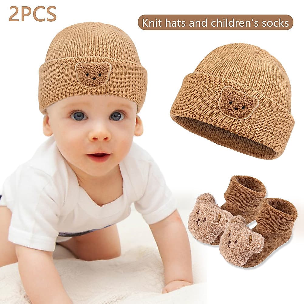 Novo gorro de tricô estilo europeu e americano com estampa de urso, conjunto de meias para bebê decoradas com urso, gorr