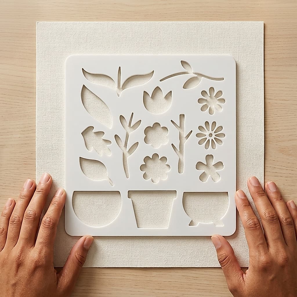 Stencil Jardim Criativo 18x17cm | Flores, Folhas e Vasos | Reutilizável | Artesanato | Educação Infantil | Brinclinc