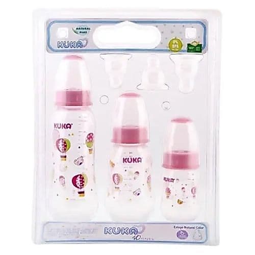 Kit 3 Mamadeiras Kuka Natural Plus Rosa – Bico Ortodôntico (70ml, 160ml, 250ml)