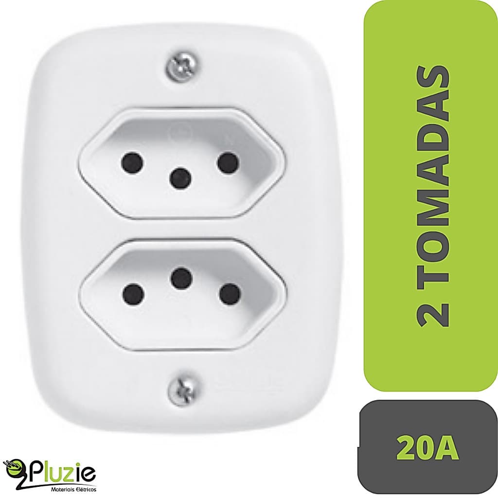 Tomada Dupla 2P+T 20A 250V Pluzie Sobrepor | Serve 10A e 20A | Alta Potência e Economia de Espaço