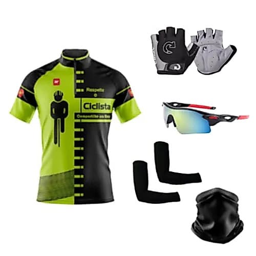 Camisa Ciclismo MTB C/ Proteção UV + Luvas Ciclismo + Óculos Esportivo + Par de Manguitos + Bandana