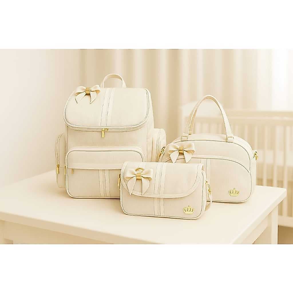 kit Maternidade Bebe Bolsa Marfin Mochila Luxo Laço 3 bolsas Bege