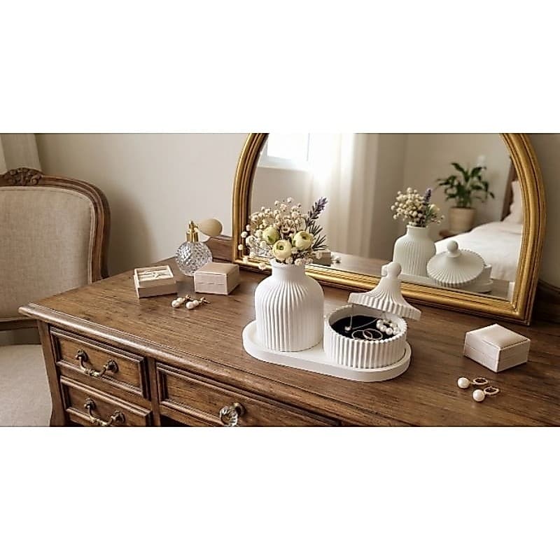 🌟 Kit Decoração Premium Canelado - Vaso,Porta - Jóias e bandeja