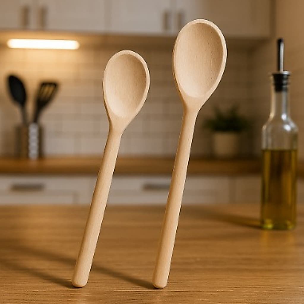 Kit 02 Itens Colher de Pau / Madeira Para Cozinha Com Cabo Liso - 32cm e 24cm