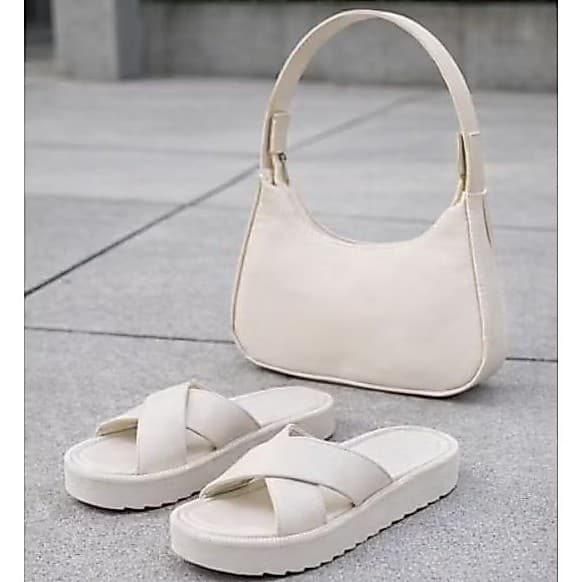 Kit Sandália Rasteira Dia A Dia + Bolsa De Ombro Off White Moderna Verão