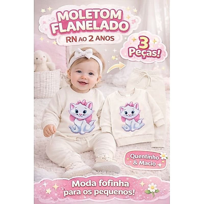 🧸 KIT DE MOLETOM FLANELADO INFANTIL COM LAÇO – RN AO 2 ANOS 🧸