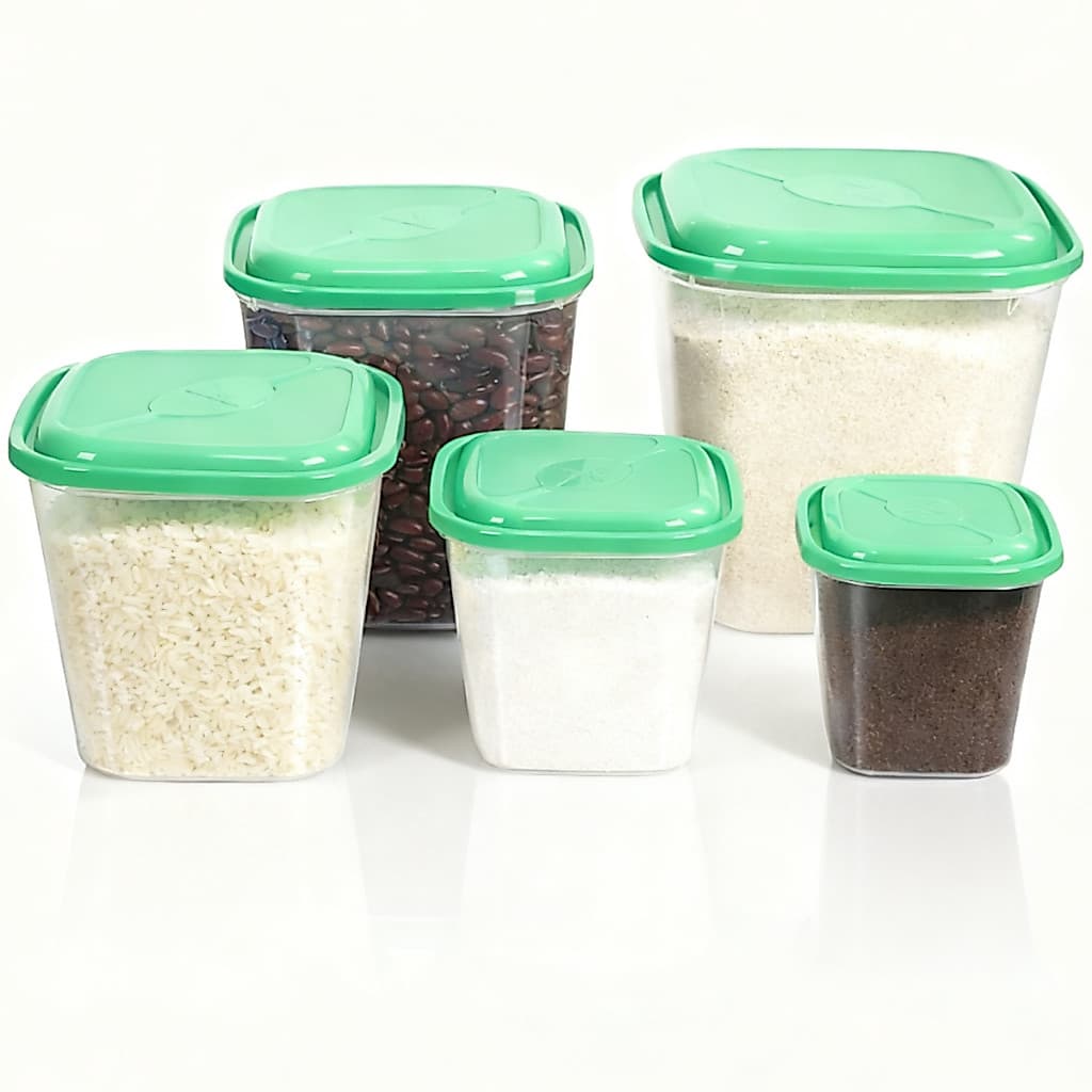 Conjunto 5 Potes de Plástico Para Mantimentos ou Alimentos Kit de Potes com Tampa 3 Cores