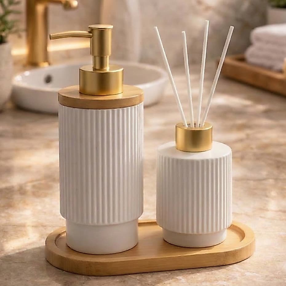 Kit Porta Sabonete Liquido e Difusor Aromatizador de Ambiente Porcelana Elegante Luxo
