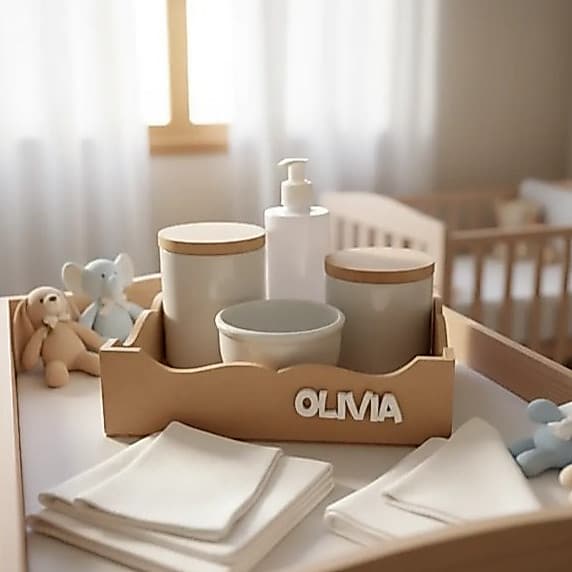 Kit Higiene Bebê Porcelana nome personalizado bandeja quadrada uni sem pintura Tampa Madeira potes