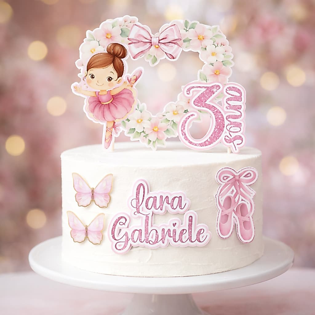 Topo de Bolo Bailarina Personalizado com Nome e Idade | Tema Delicado Floral Rosa | Papel Fotográfico