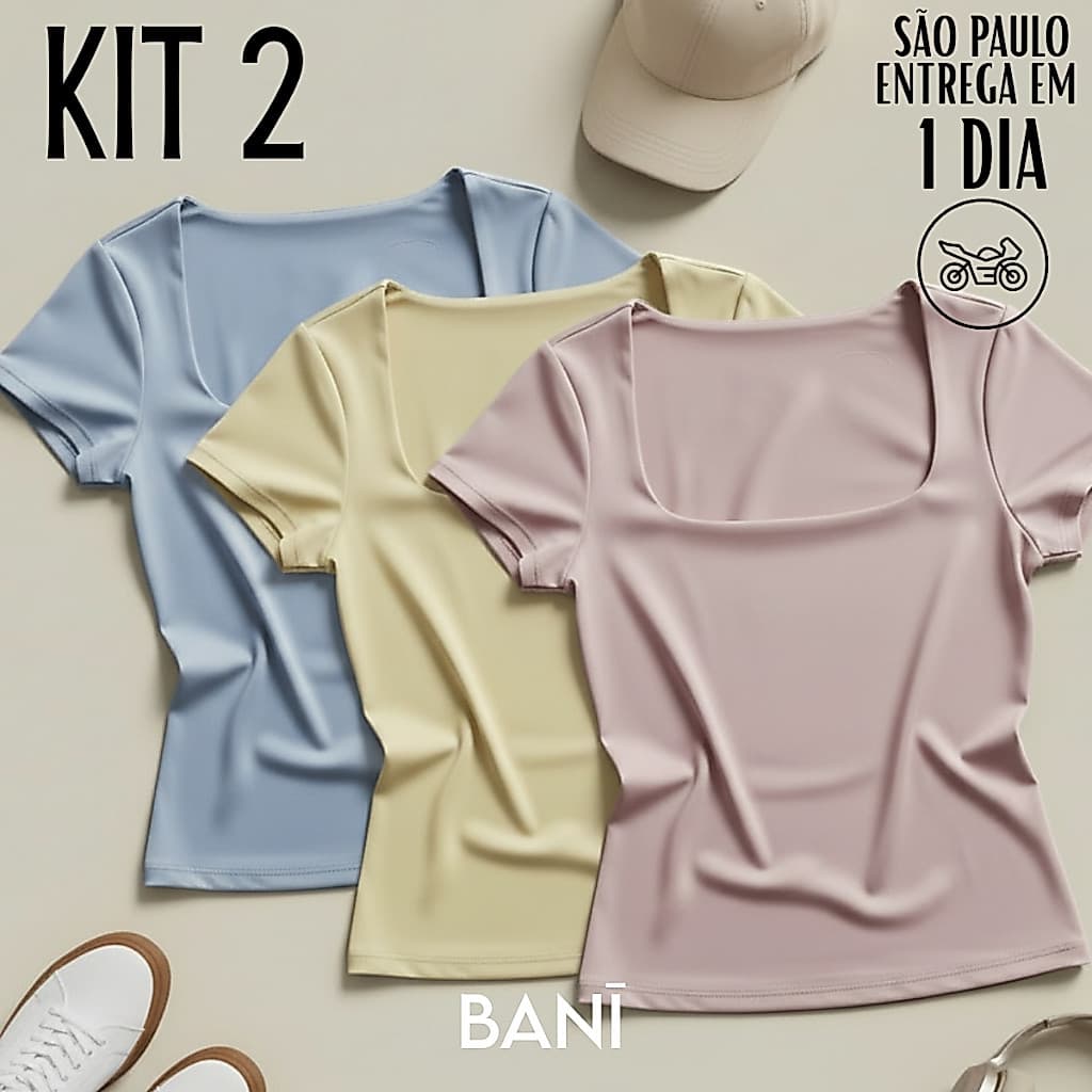 KIT 2 Baby Tee Feminina Decote Quadrado Tons Pasteis Y2K Premium Não Transparente Blusa Manga Curta