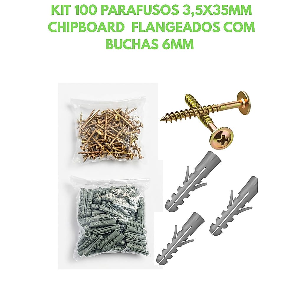 Kit 100 Parafusos Chipboard Flangeados 3,5x35mm + 100 Buchas 6mm Nylon, para fi