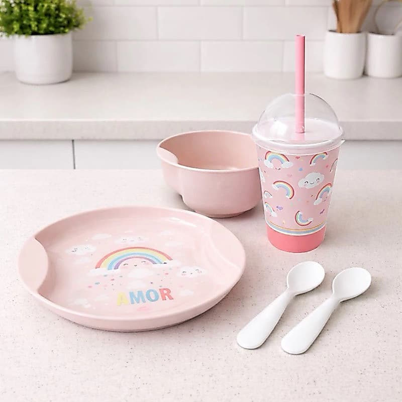 Kit Refeição Infantil 5 Peças Prato Copo Com Canudo Colher Tijela Plástico Crianças Escola Viagens Passeio
