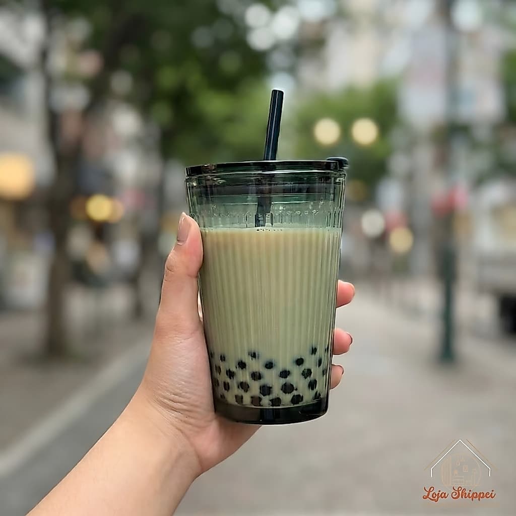Copo de Vidro com Tampa e Canudo Enjoy 450ml Verde Esmeralda Drink Smoothie Viagem