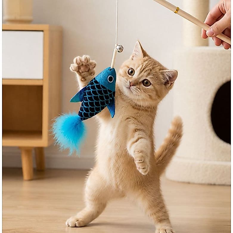Varinha Interativa Para Gatos Madeira natural Brinquedo Antiestresse Peixe Passarinho