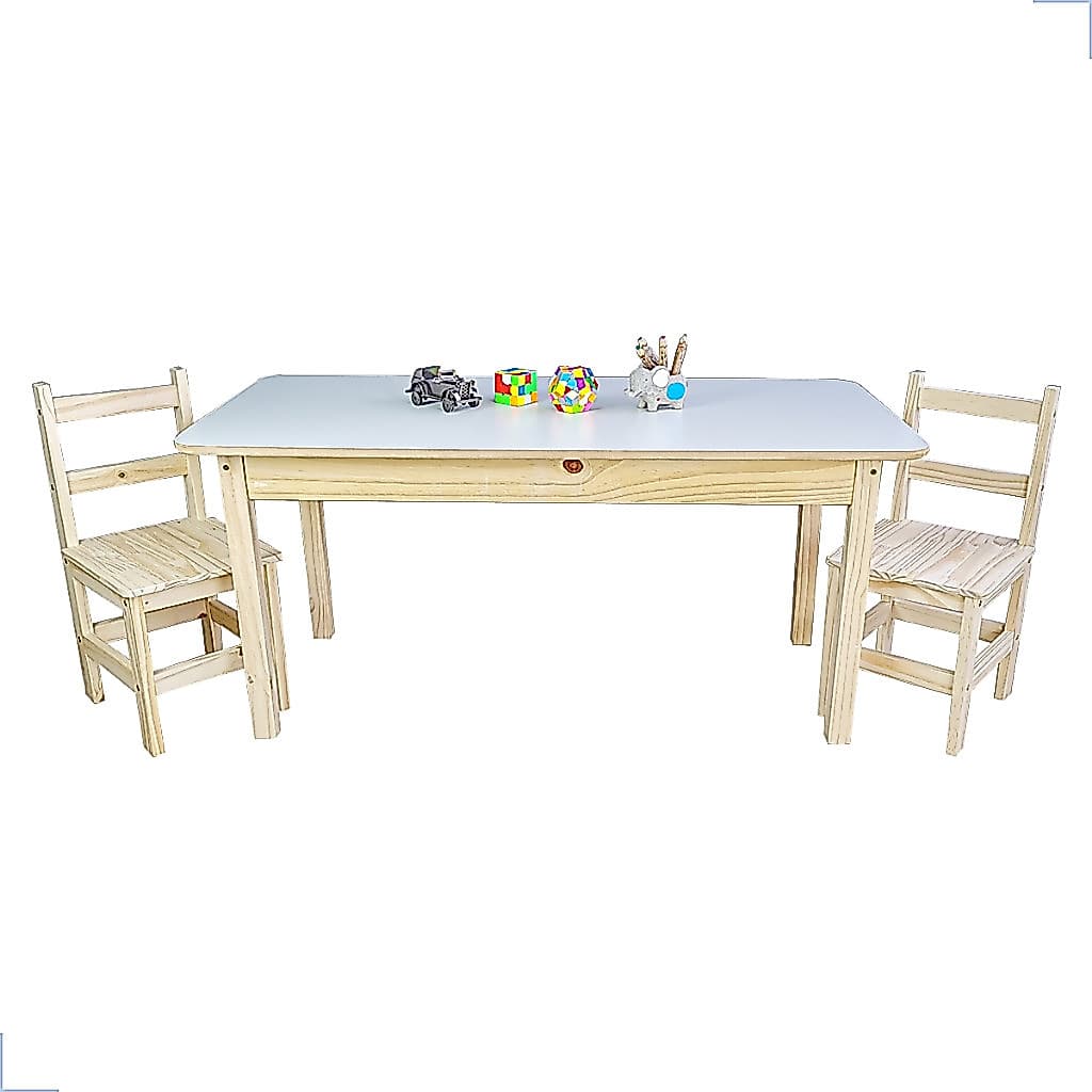 Conjunto Infantil Mesa Retangular 100cm Madeira Pinus + 2 Cadeirinhas Resistente Crianças Atividades