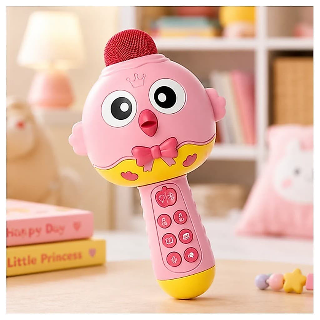 Microfone Infantil Bluetooth Karaokê Conta Historia Música Shopline Passarinho Luzes Led Recarregável 2-8 Anos