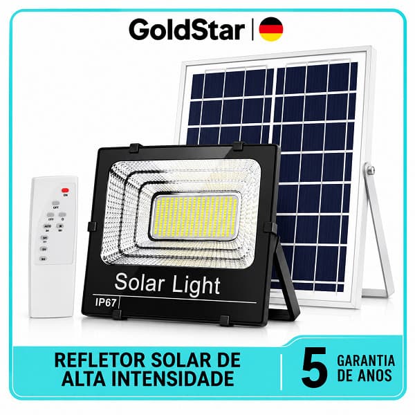 Refletor Solar LED IP67 com Controle Remoto e Placa Solar, Holofote Potente para Jardim, Quintal, Garagem e Área Externa