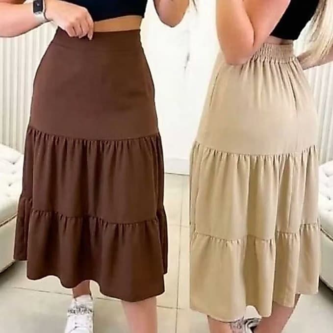 Saia Midi Três Marias Feminina com Forro | Moda Evangélica | Cintura com Elástico