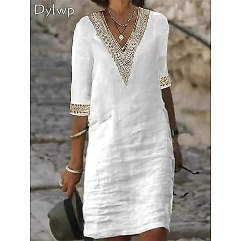 Vestidos Midi Femininos Com Decote Em V , Casuais De Algodão E Linho De Cor Sólida-&-*