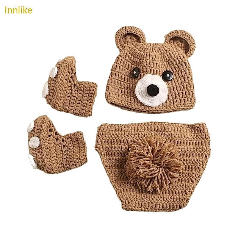 Innlike Conjunto Fantasia Malha Crochê 3 Peças, Chapéu, Sapatos Panst Para Fotos Bebês Recém-Nascidos
