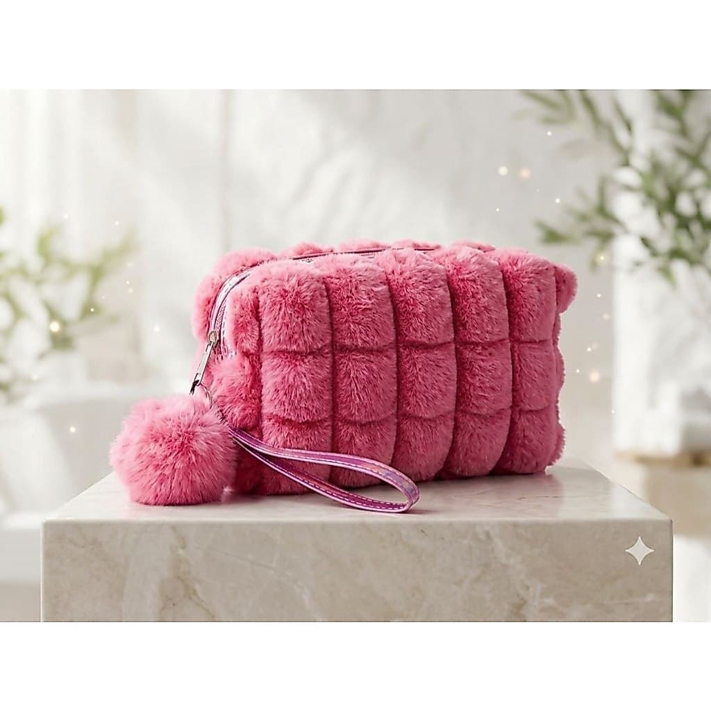 Necessaire Feminina Peluciada Fluffy Premium com Pompom | Porta Maquiagem e Skincare Grande