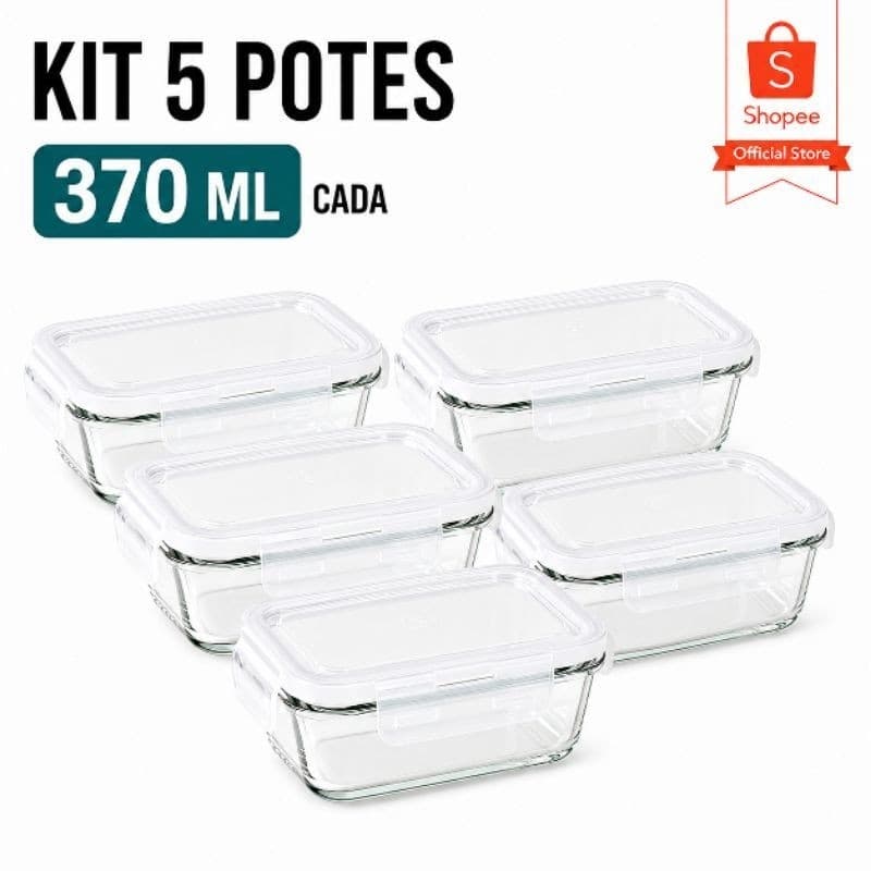Pote de Vidro Hermético 370ml Retangular Com Trava Marmita Fitness Alimentos Cozinha kit 5 potes | kit cinco potes