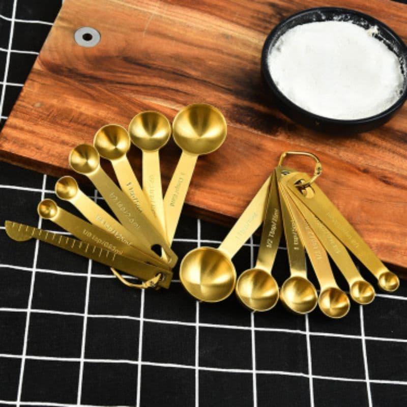 ​Jogo Colheres Medidoras Aço Inox Douradas Medidor de Cozinha Confeitaria Café Chá Conjunto Premium