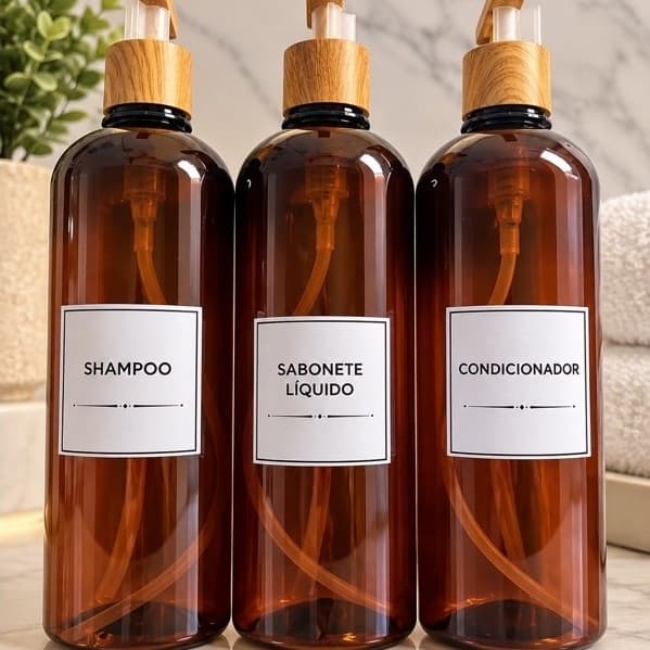 Kit Banheiro 02 Frascos Âmbar Luxo 500ml + Pump Bambu - Shampoo e Condicionador