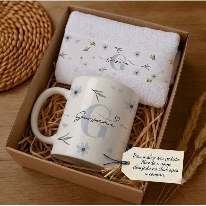 KIT CANECA + TOALHA PRESENTE CRIATIVO PERSONALIZADO / CINZA 🩶 CLARO