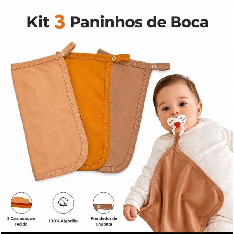 Kit 3 Paninho toalha de Boca Naninha Babete Para Bebê  Com Prendedor De Chupeta Enxoval Maternidade Algodão Premium